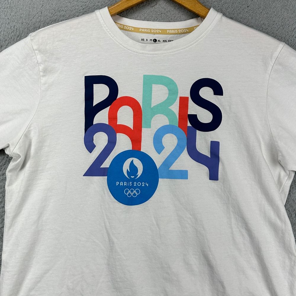 Paris 2024 Olympic T-Shirt Adult Large White Graphic Print Short Sleeve Tee Mens